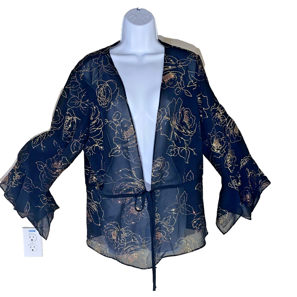 Studio 1940 1X Plus Size Women’s Kimono Jacket Black Gold Floral Long Sleeve